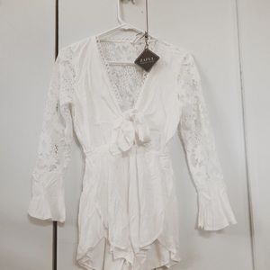 Tie Front Lace Panel Wide Leg Romper